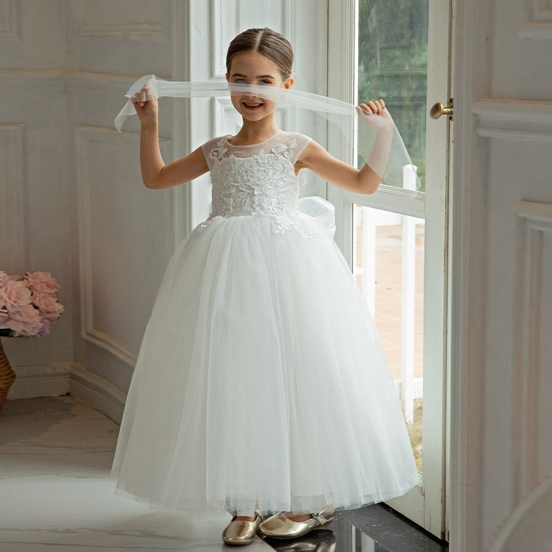Robe de princesse en dentelle pour filles Ligne A pour invités de mariage avec nœud