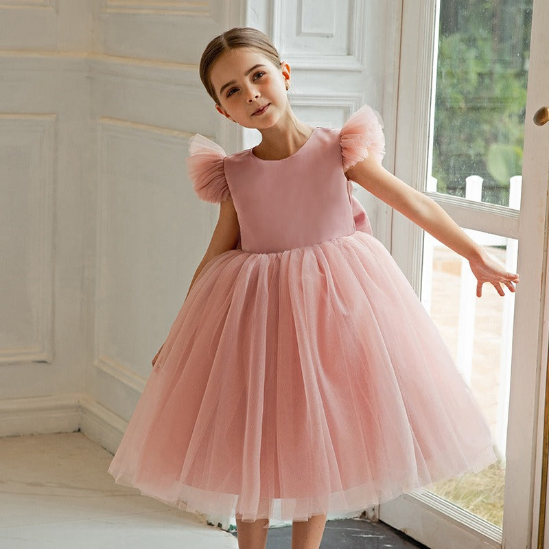 Robe de princesse A-line avec nœud pour fille de fleur pour robe d'invité de mariage pour enfants