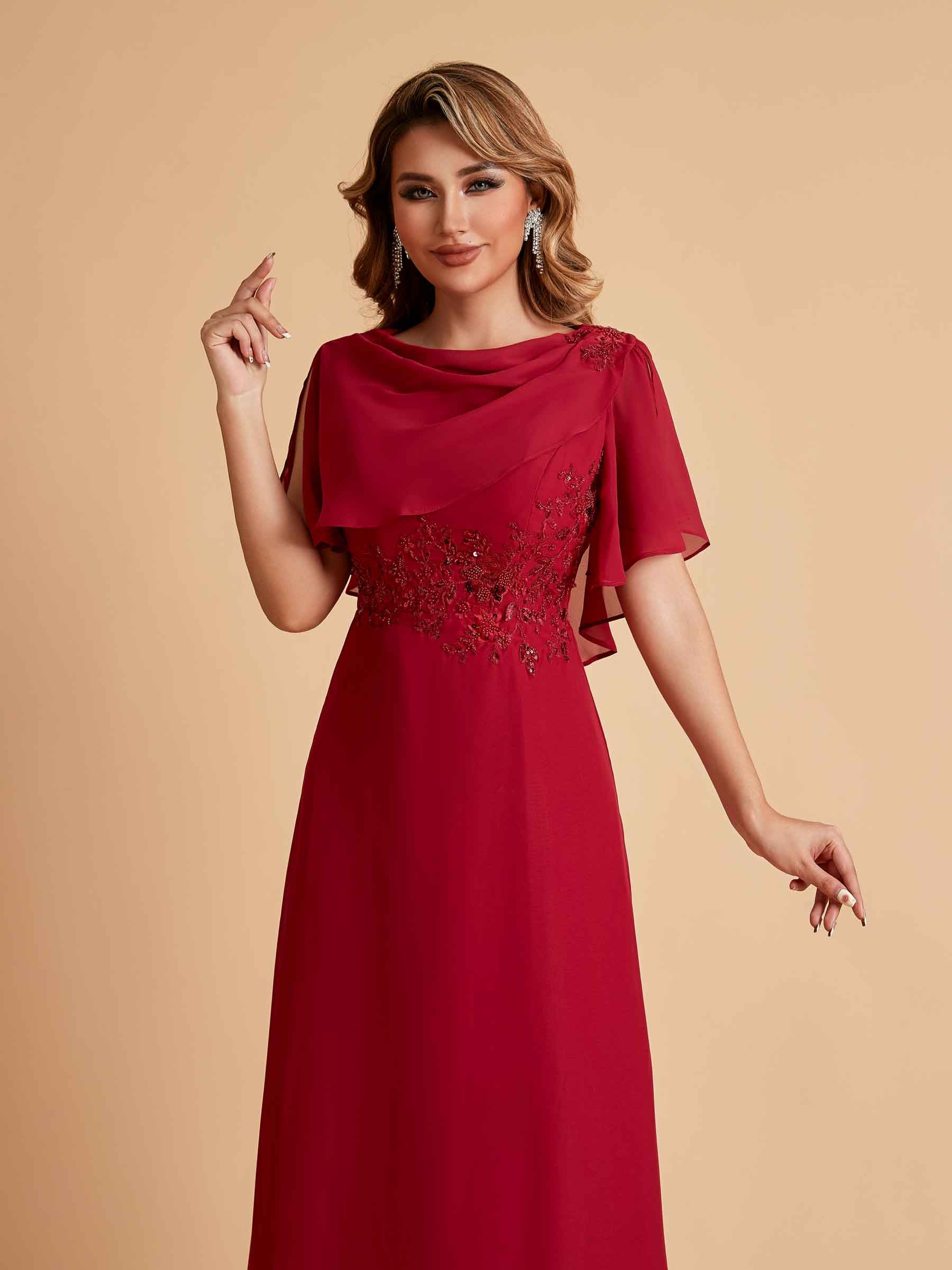 Robes de mère de la mariée en mousseline de soie manches mi-longues et bijoux