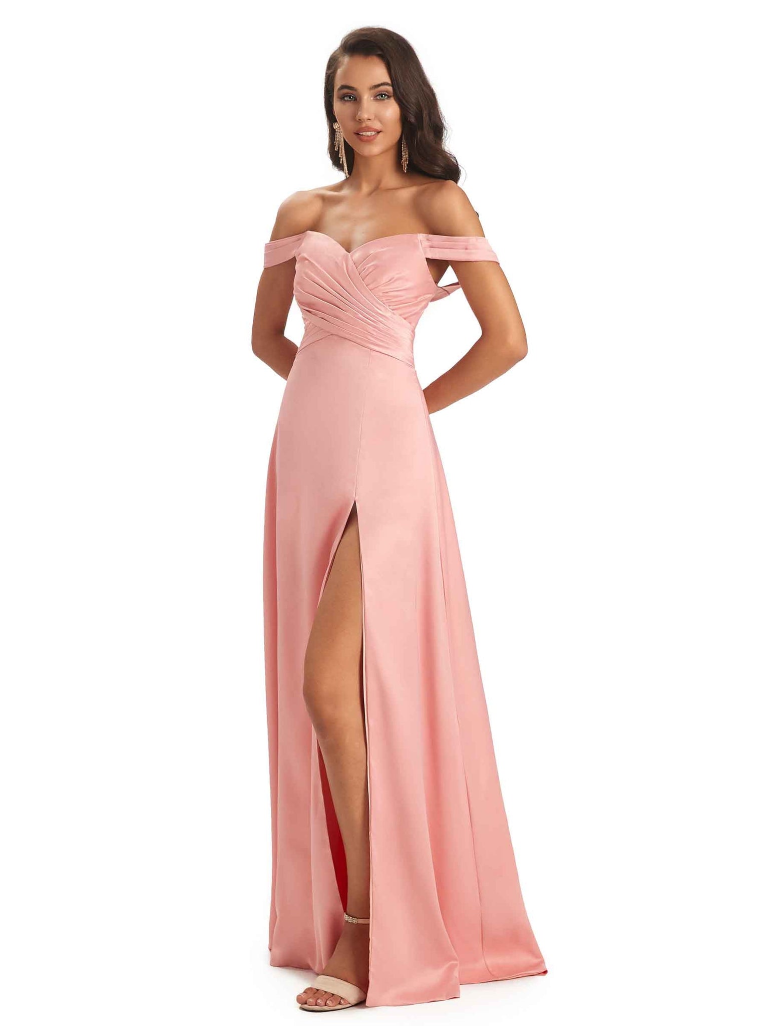 Robes demoiselle d'honneur longues sexy satin doux fente hor l'épaule Rougir robe cocktail