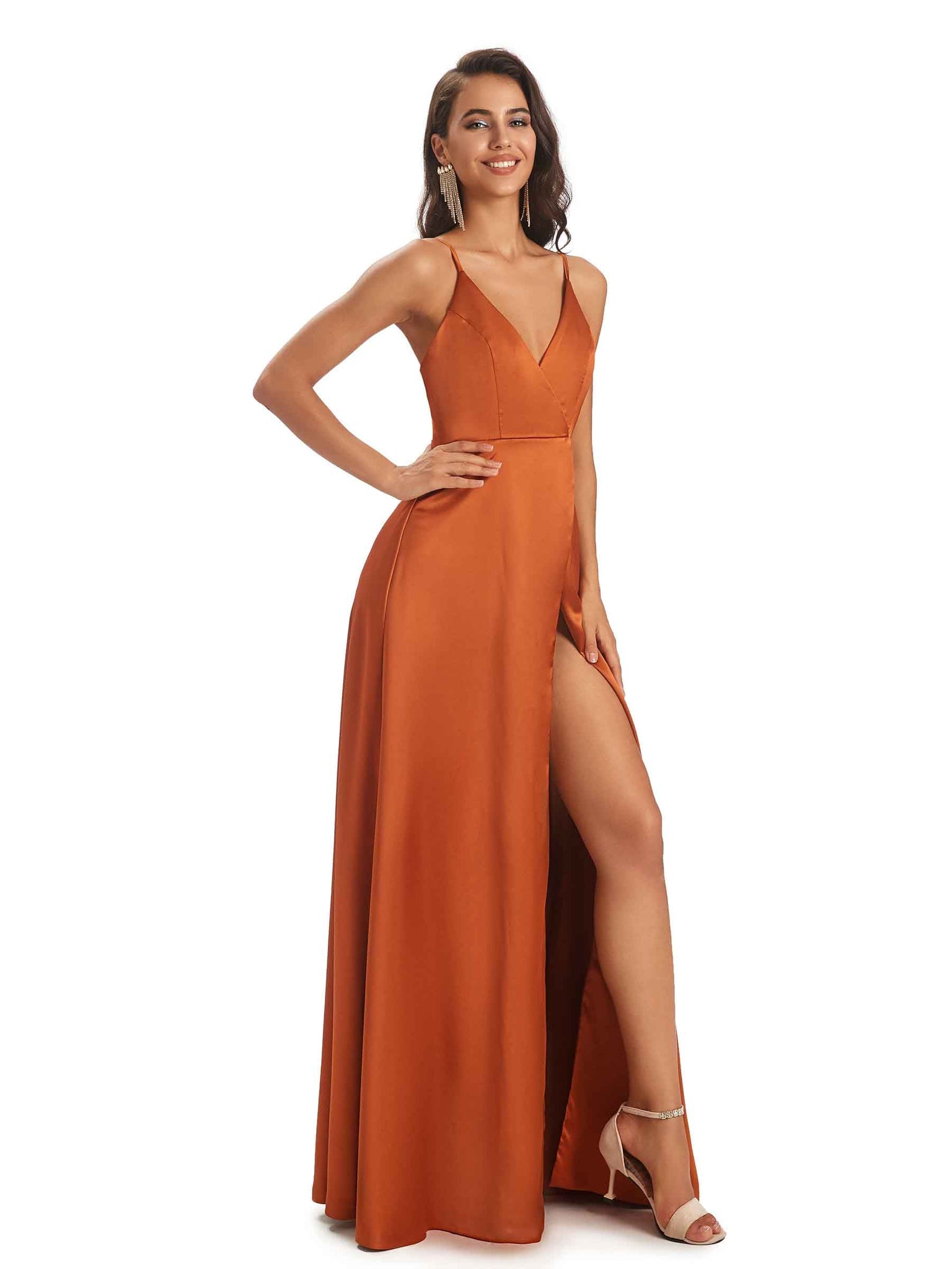 Bretelles Spaghetti Col en V Satin Doux Fente Longues Robes cérémonie