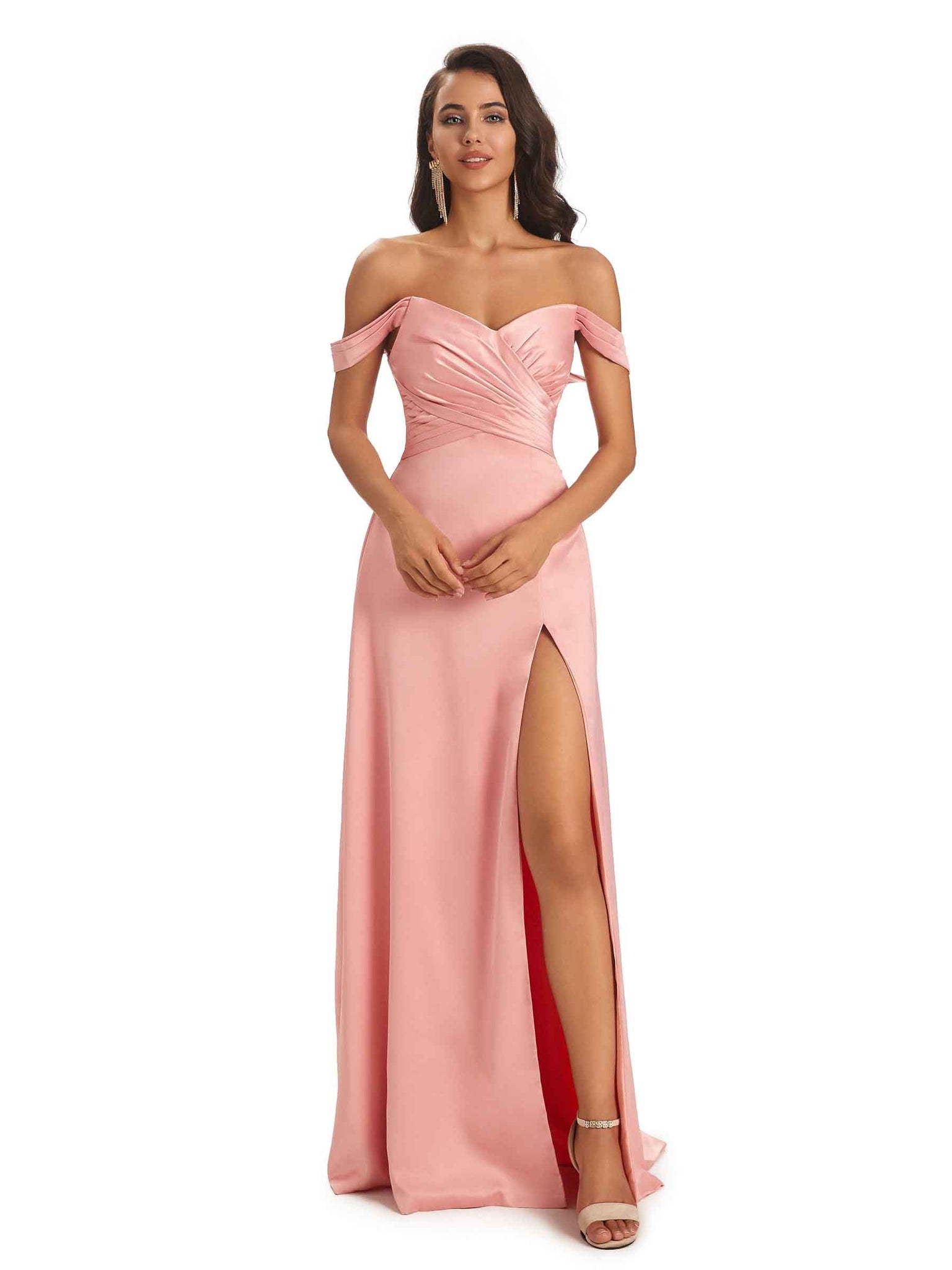 Robes demoiselle d'honneur longues sexy satin doux fente hor l'épaule Rougir robe cocktail
