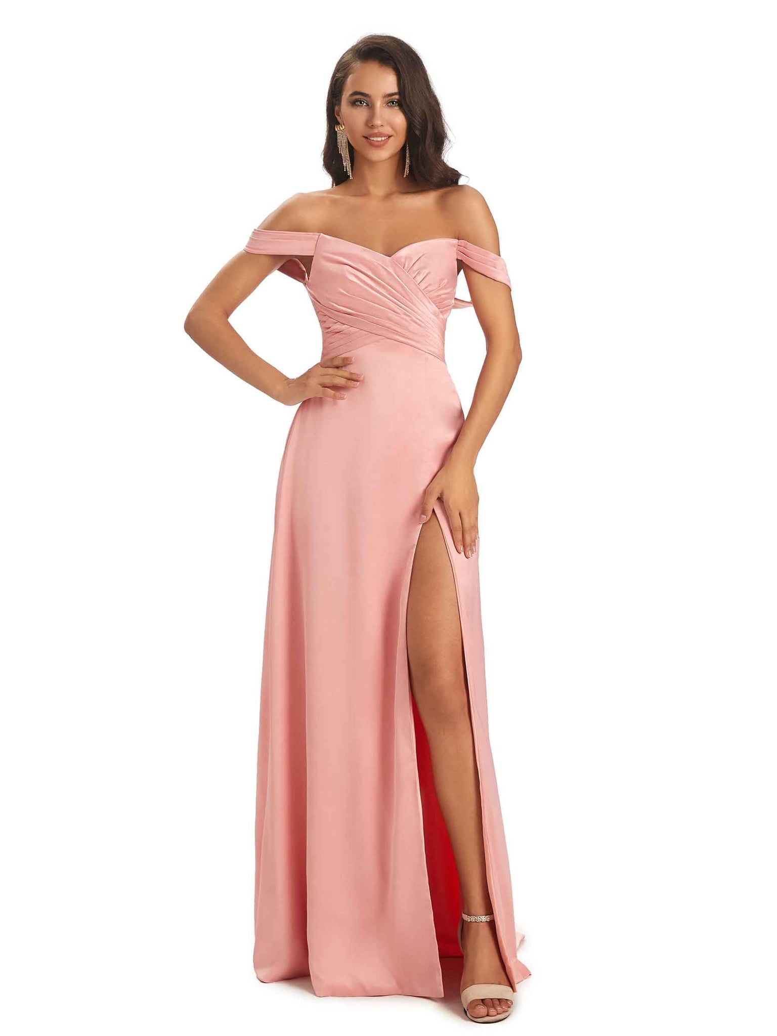 Robes demoiselle d'honneur longues sexy satin doux fente hor l'épaule Rougir robe cocktail