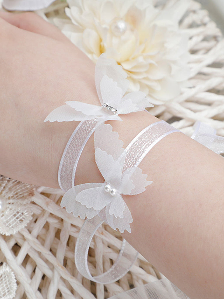 White Tulle Butterfly Style Wrist Flowers Wedding Bridesmaids Little Sisters Hand Flowers Fairy Temperament Wrist Flowers, CG61445