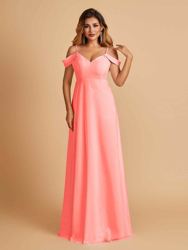 Robe longue en mousseline de soie épaules dénudées col en V