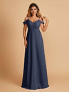 Robe longue en mousseline de soie épaules dénudées col en V