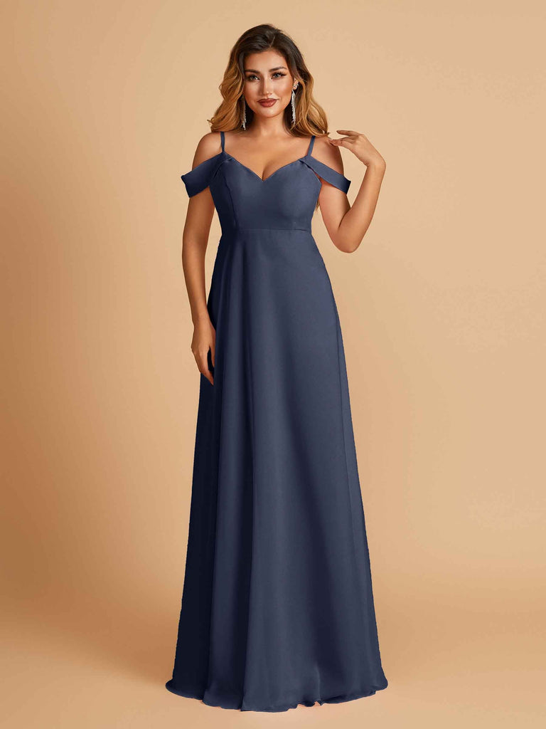 Robe longue en mousseline de soie épaules dénudées col en V