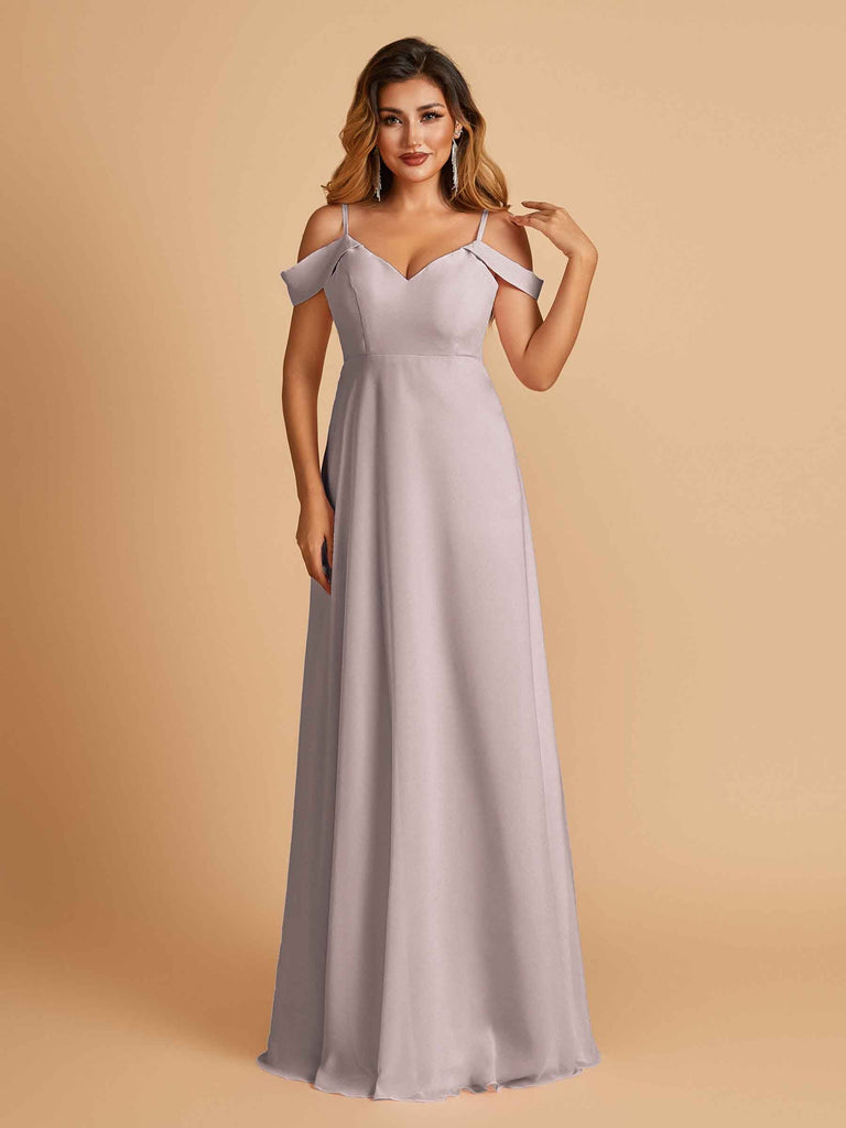 Robe longue en mousseline de soie épaules dénudées col en V