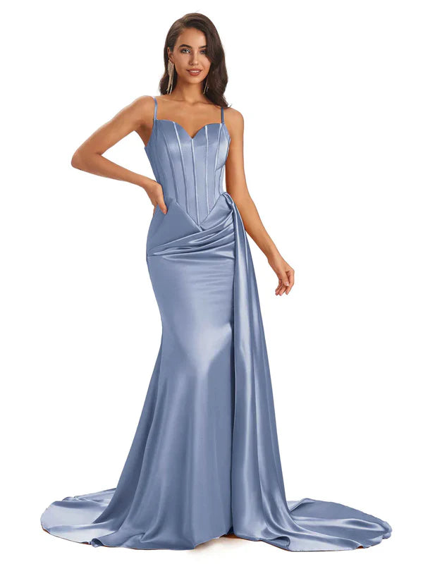 Bleu Robes de demoiselle d'honneur longues satin  sirène dépareillées fente sexy