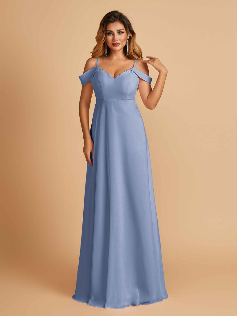 Robe longue en mousseline de soie épaules dénudées col en V