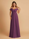 Robe longue en mousseline de soie épaules dénudées col en V