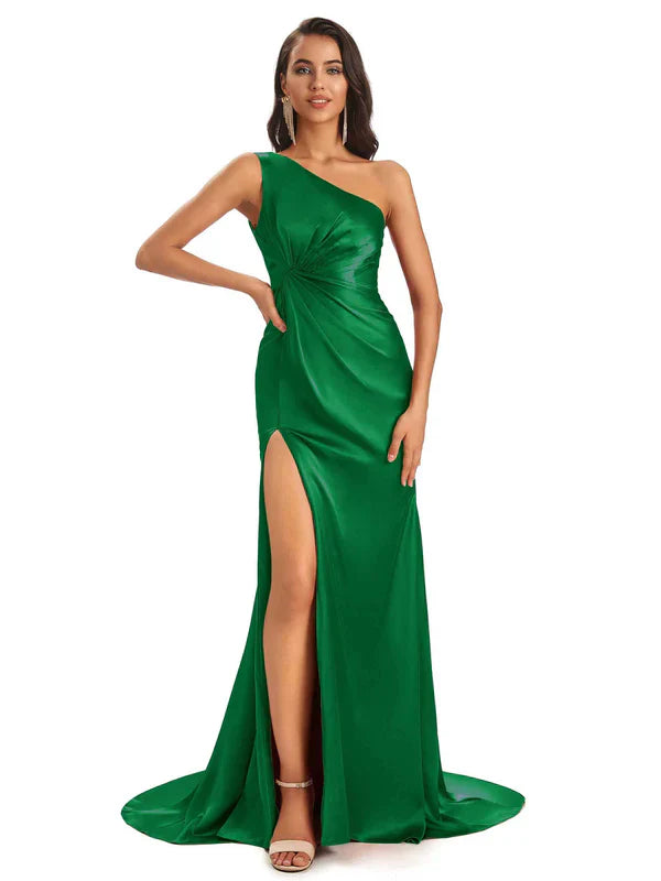 Vert Robes de demoiselle d'honneur longues satin  sirène dépareillées fente sexy