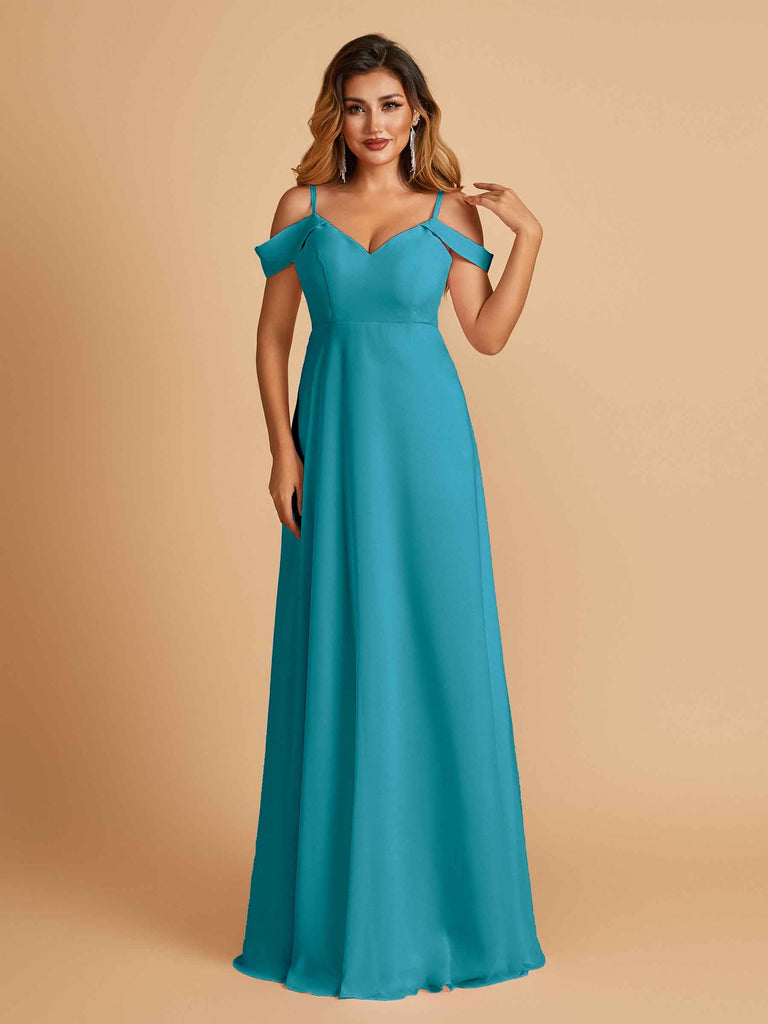 Robe longue en mousseline de soie épaules dénudées col en V