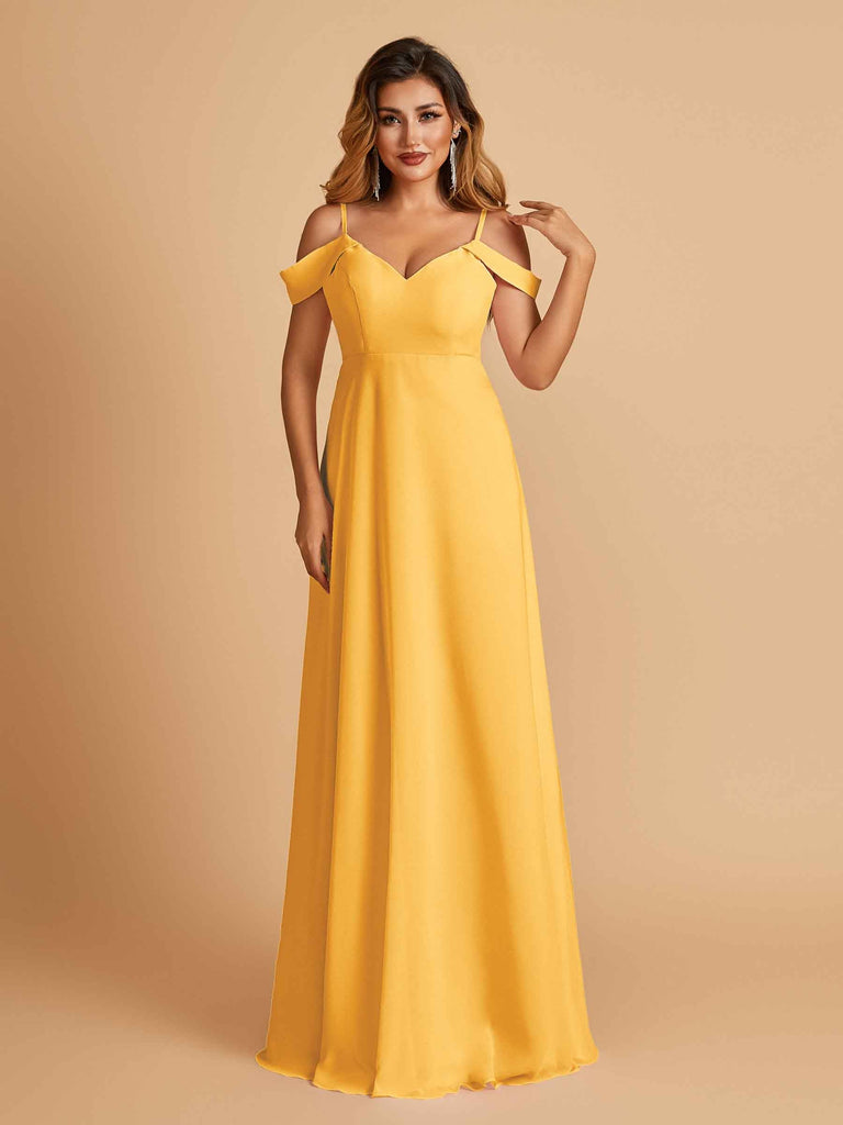 Robe longue en mousseline de soie épaules dénudées col en V