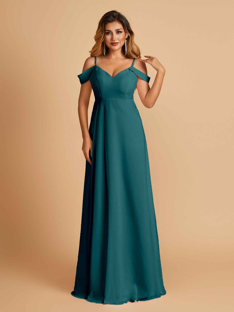 Robe longue en mousseline de soie épaules dénudées col en V