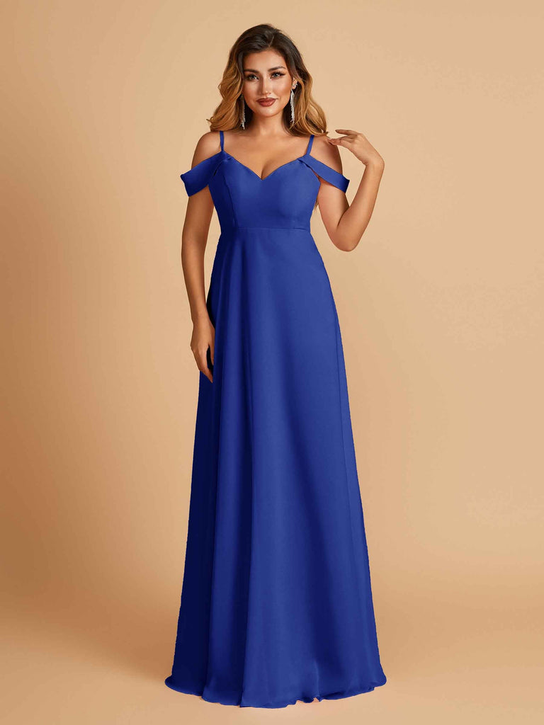 Robe longue en mousseline de soie épaules dénudées col en V