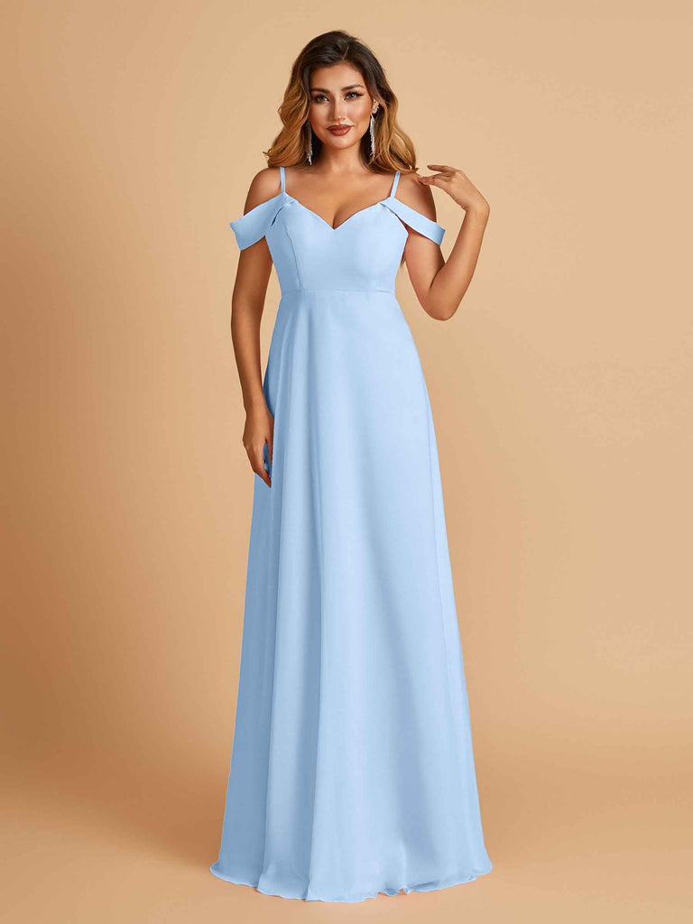 Robe longue en mousseline de soie épaules dénudées col en V