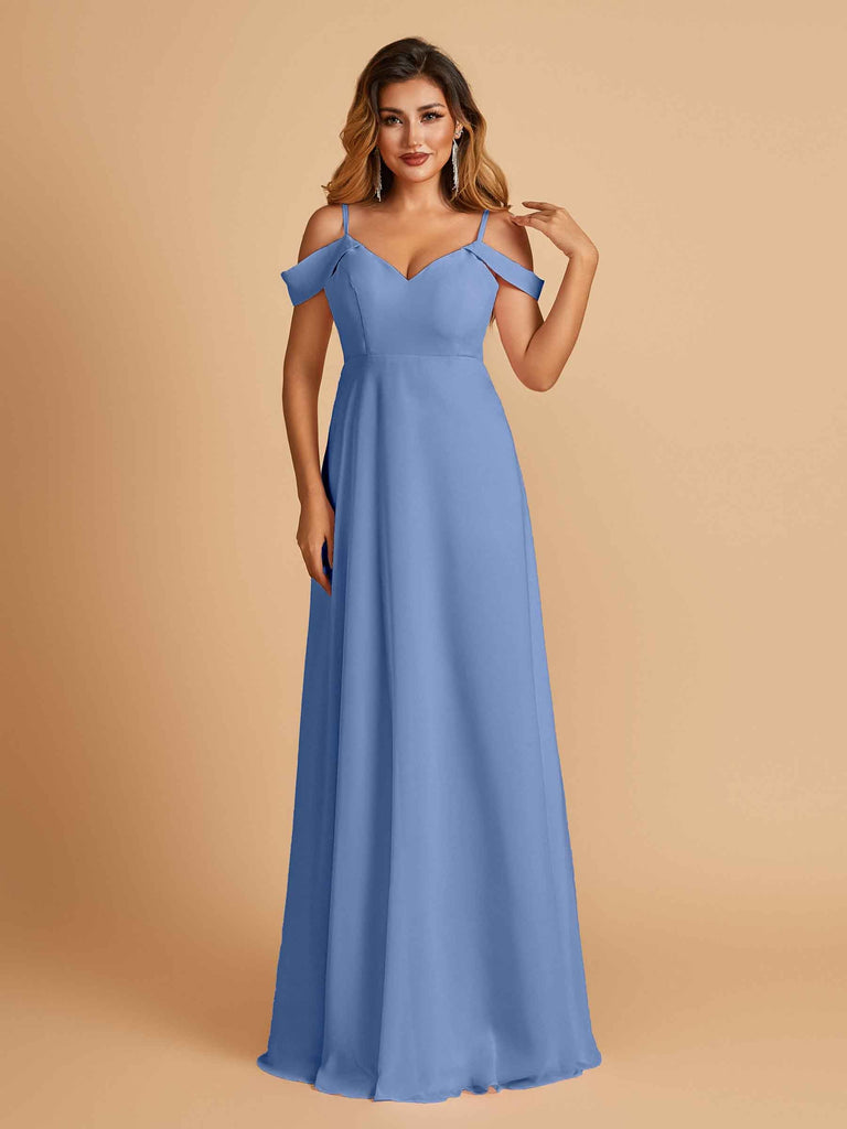 Robe longue en mousseline de soie épaules dénudées col en V