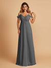 Robe longue en mousseline de soie épaules dénudées col en V
