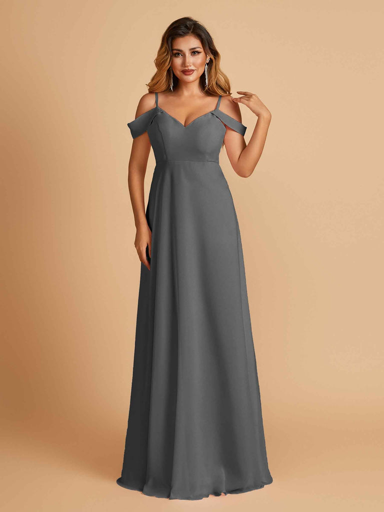 Robe longue en mousseline de soie épaules dénudées col en V