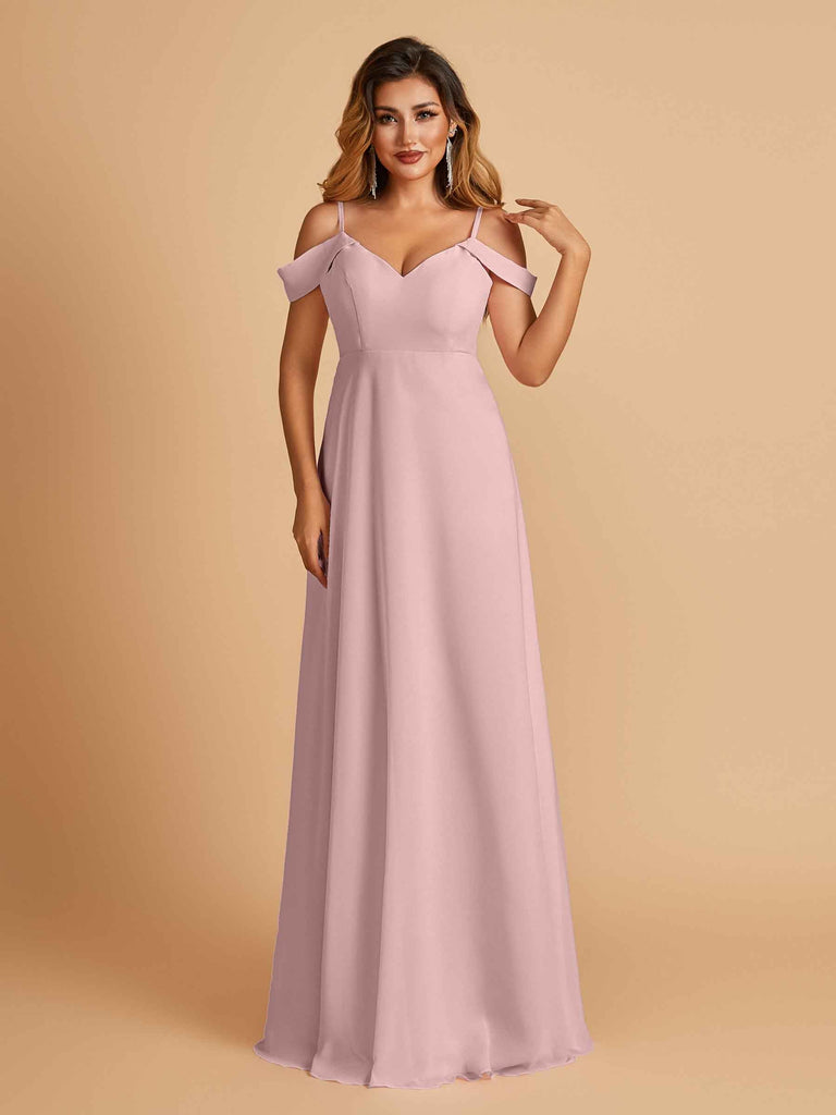 Robe longue en mousseline de soie épaules dénudées col en V