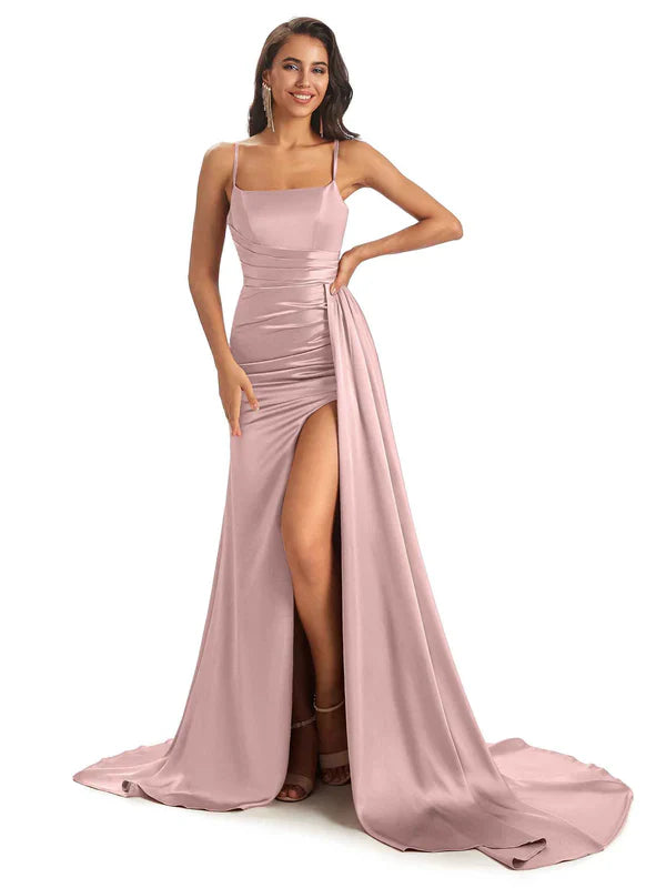 Robes de demoiselle d'honneur longues satin sirène vintage mauve sexy fente dépareillées