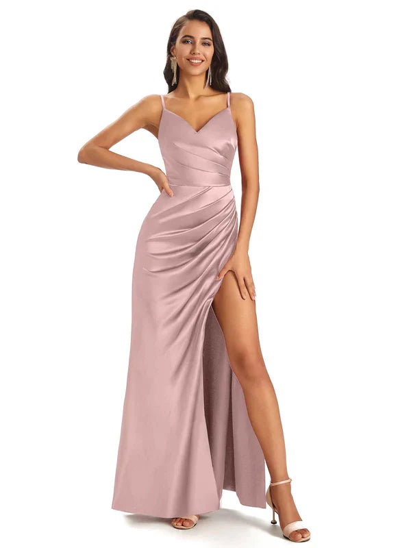 Robes de demoiselle d'honneur longues satin sirène vintage mauve sexy fente dépareillées
