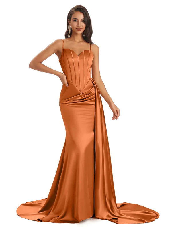 Orange brûlé Robes de demoiselle d'honneur longue sirène rouille dépareillée fente latérale sexy