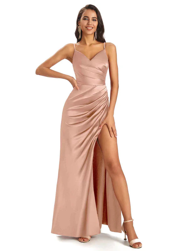 Or rose Robes de demoiselle d'honneur longues en satin doux sirène fente sexy