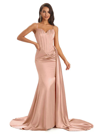 Or rose Robes de demoiselle d'honneur longues en satin doux sirène fente sexy