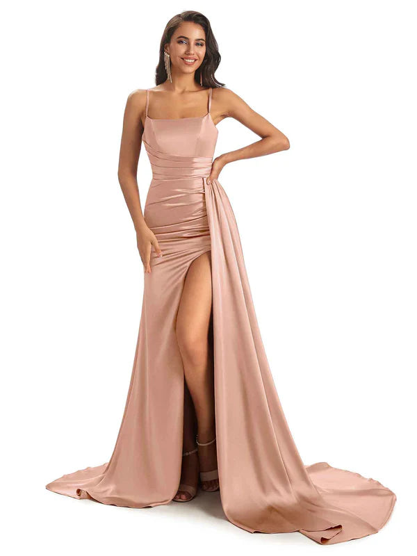 Or rose Robes de demoiselle d'honneur longues en satin doux sirène fente sexy