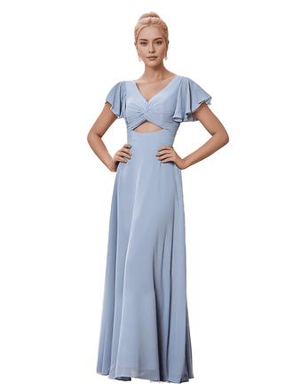 Robe longue en mousseline à manches courtes et col en V