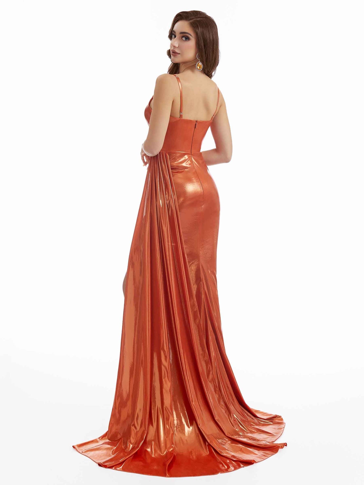 Robe longue sexy sirène froncée feuille métallique pour femmes