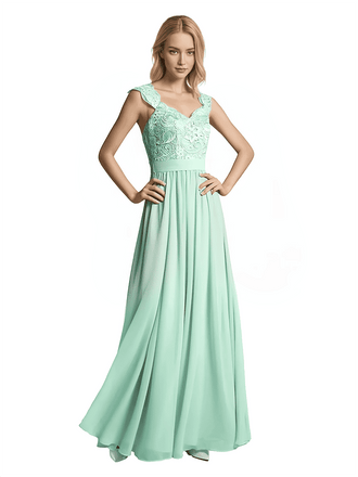 Robe longue en mousseline dentelle coupe trapèze longueur au sol