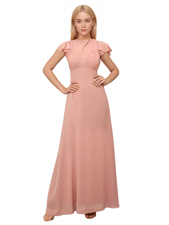 Elegant Round-Neck A-line Chiffon Backless Long Bridesmaid Dresses