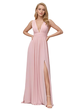Sexy Deep V-Neck A-line Chiffon Long Bridesmaid Dresses