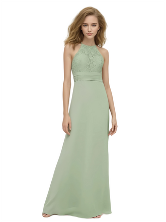 Halter Sleeveless A-line Chiffon Long Bridesmaid Dresses