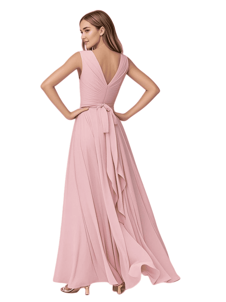 Robe en Mousseline Froncée Sans Manches A-ligne Longueur au Sol