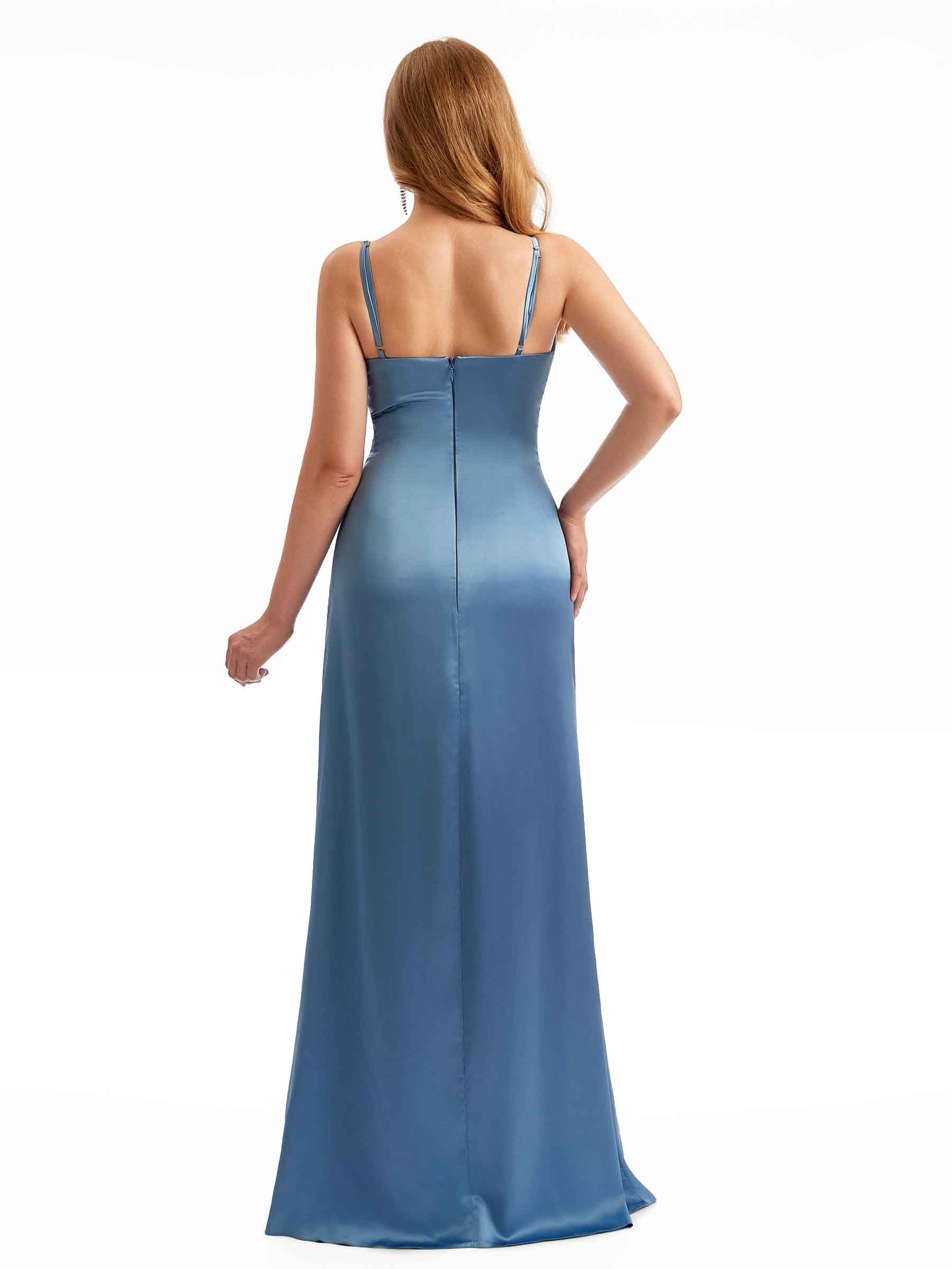 Robe soirée Sirène Simple en Satin avec Fente Latérale Sexy Bretelles Spaghetti pour Demoiselles d'Honneur