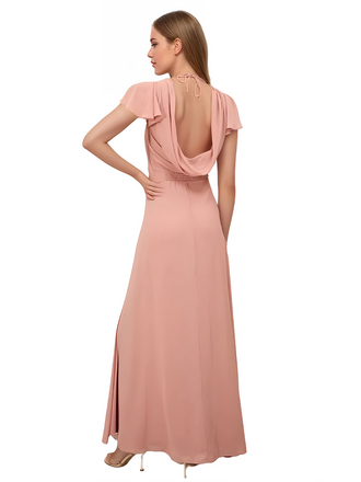 Elegant Round-Neck A-line Chiffon Backless Long Bridesmaid Dresses