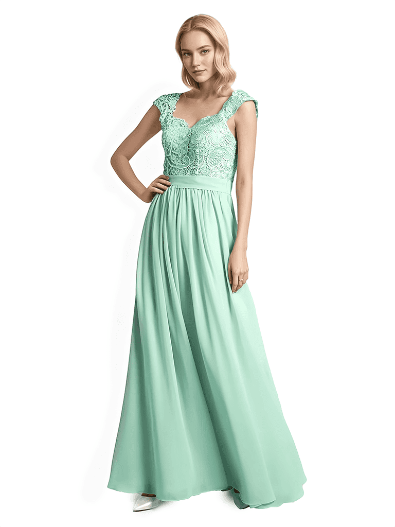 Robe longue en mousseline dentelle coupe trapèze longueur au sol