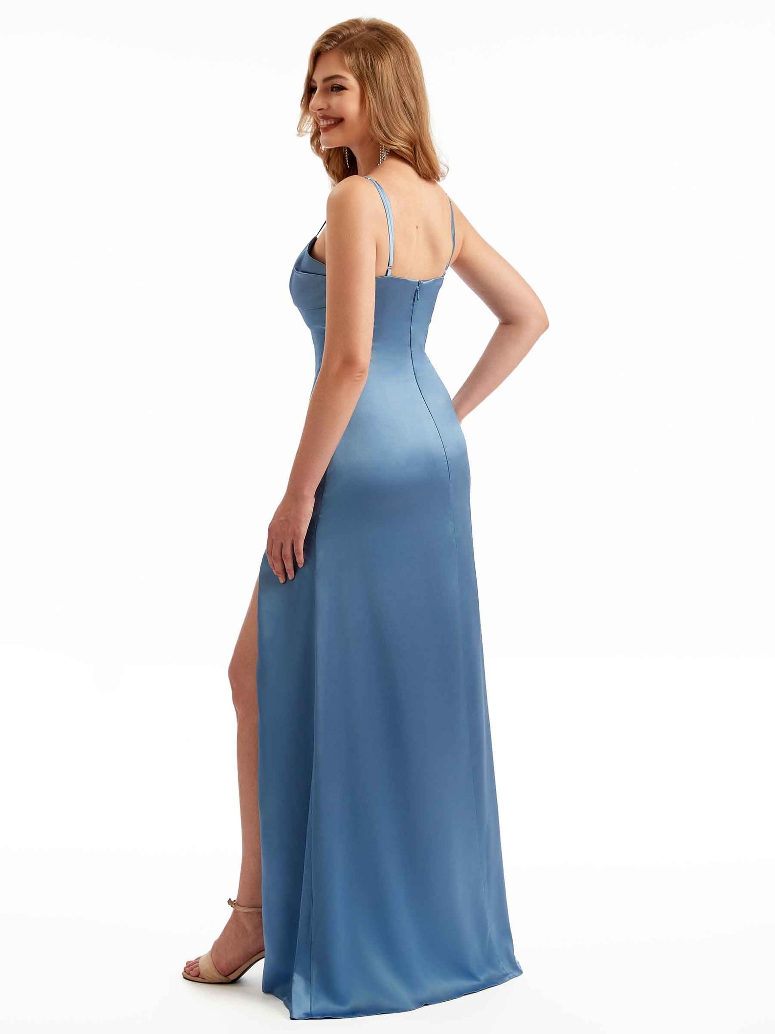Robe soirée Sirène Simple en Satin avec Fente Latérale Sexy Bretelles Spaghetti pour Demoiselles d'Honneur