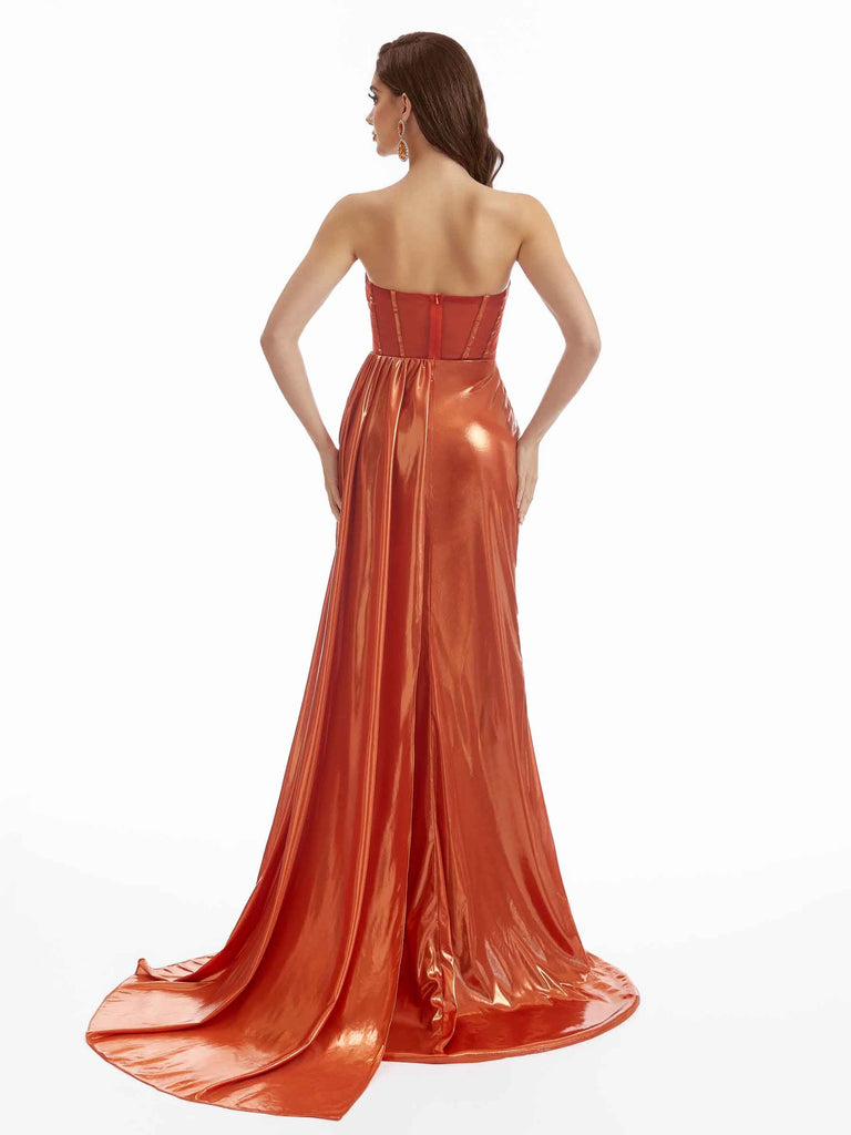 Women's Mermaid Ruched Strapless Metallic Long Dresses Online