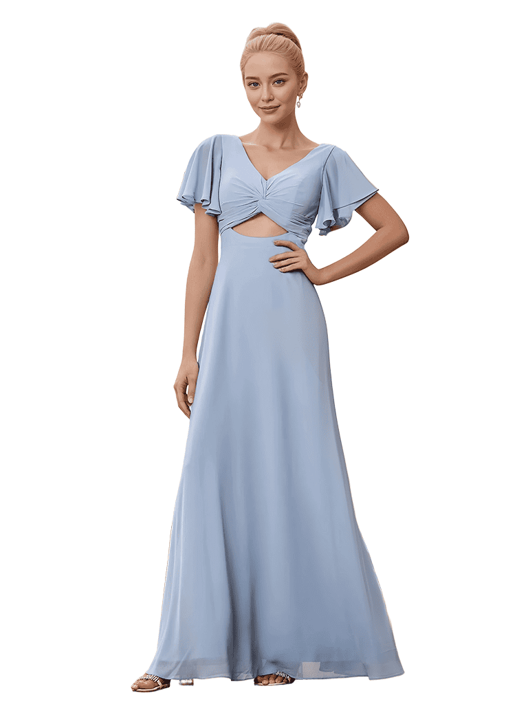 Robe longue en mousseline à manches courtes et col en V