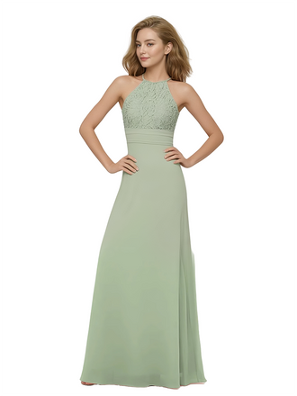 Halter Sleeveless A-line Chiffon Long Bridesmaid Dresses