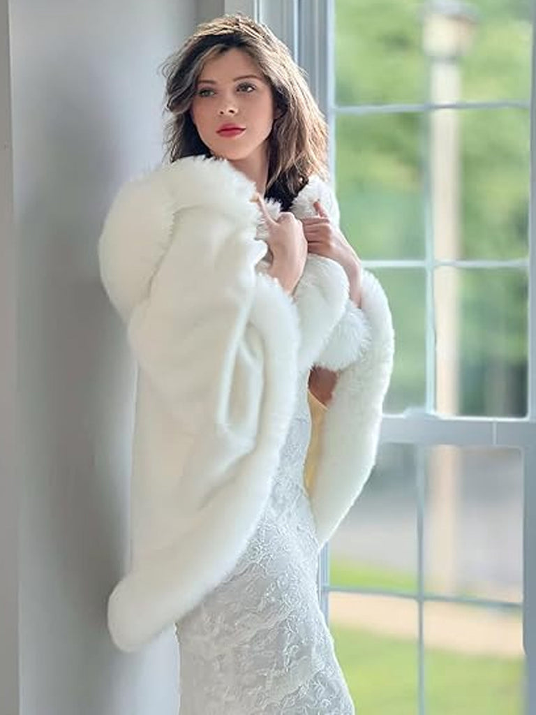 Hooded Faux Fur Shawl Wrap Stoles for Bridal Wedding Dresses