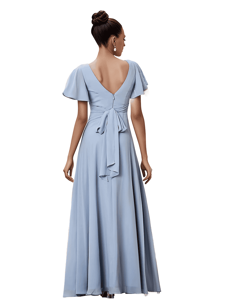 Robe longue en mousseline à manches courtes et col en V