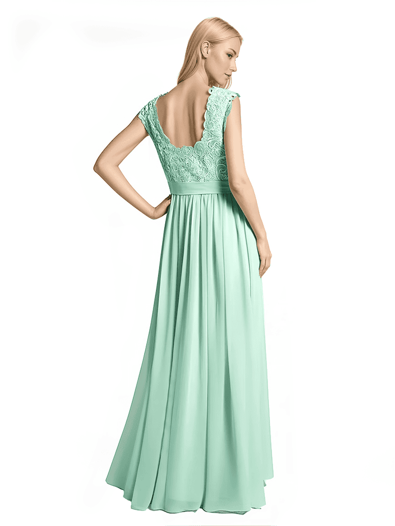 Robe longue en mousseline dentelle coupe trapèze longueur au sol