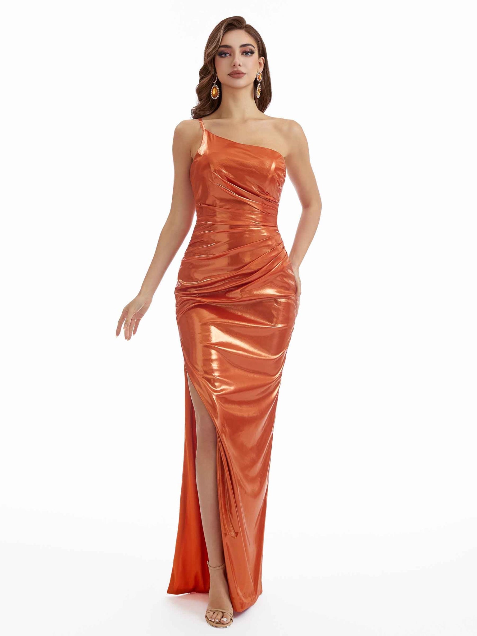 Robe longue sexy sirène asymétrique froncée métallique scintillante