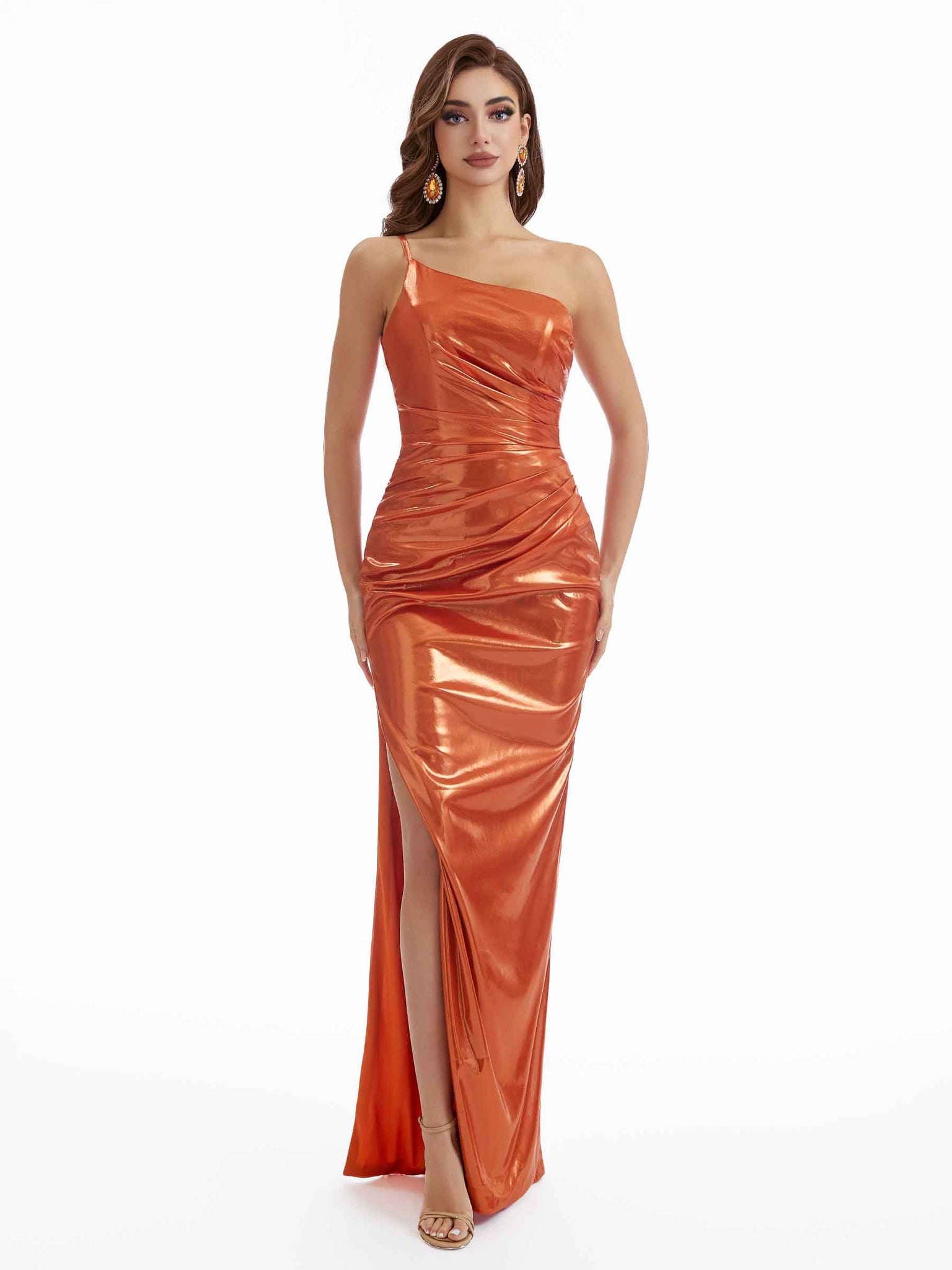 Robe longue sexy sirène asymétrique froncée métallique scintillante